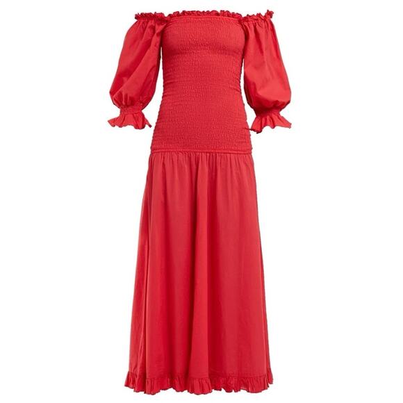 NWT Rhode Resort Eva Smocked Off-The-Shoulder Cotton Maxi Dress Red - Picture 2 of 15